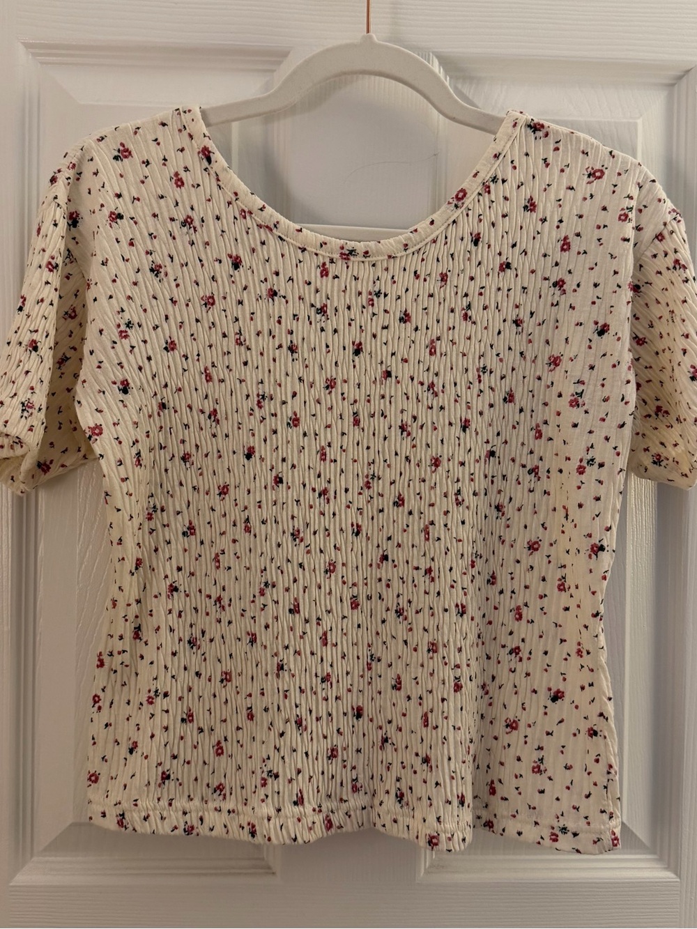 Cream Floral Smocked Short Sleeve Knit Top